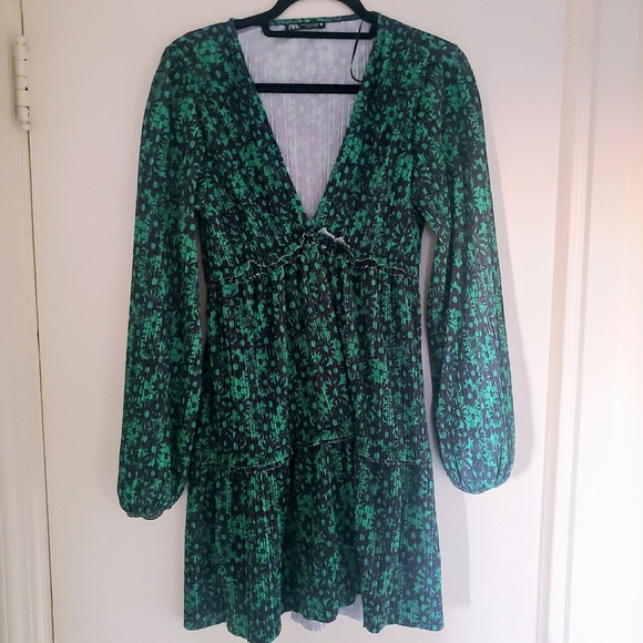 Zara Green Black Floral Mini Dress, M - Picture 2 of 8
